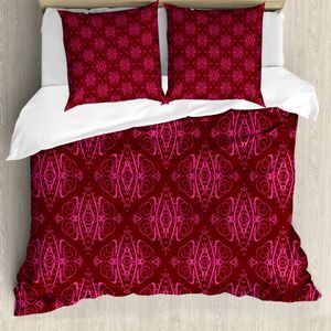 ABAKUHAUS Hot Pink Bettbezug, traditionelle Damast, Milbensicher Allergiker geeignet mit Kissenbezügen, 155 cm x 220 cm - 80 x 80 cm, Burgunder-Rosa