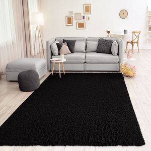 Prime Shaggy Hochflor Langflor Teppich Einfarbig Modern Schwarz für Wohnzimmer, Schlafzimmer, Maße:140x200 cm