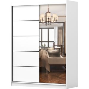 Šatní skříň s posuvnými dveřmi Šatní skříň 150 cm bílá/bílá se zrcadlovými lištami a LED osvětlením Vista 09