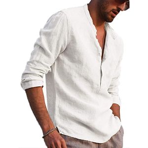 Herren Casual Baumwolle Leinen Henley Shirts Langarm T-Shirt Tops Pullover Knöpfe,Farbe: Weiß,Größe:L