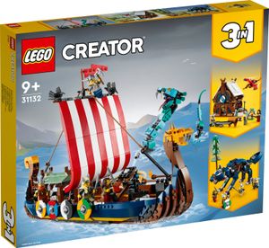 LEGO 31132 Creator 3in1 Wikingerschiff mit Midgardschlange Set, Baue Schiff, Haus, Spielzeug-Wolf mit Tier-Figuren, Konstruktionsspielzeug für Kinder, Geburtstagsgeschenk für Jungen und Mädchen