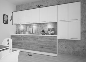 Küchenzeile SILVER-PLATINUM Einbauküche 320cm weiß Fronten weiß Hochglanz - wildeiche