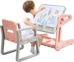 COSTWAY 2 in 1 Magnetische Maltafel und Zeichentisch, Kinderschreibtisch mit Hocker höhen- und neigungsverstellbarer Tischplatte, Kindersitzgruppe mit Stauraum für Kinder von 3-12 Jahren (Pink)