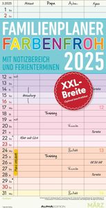 Familienplaner Farbenfroh 2025 mit 4 Spalten - Familien-Timer 22x45 cm - Offset-Papier - mit Ferienterminen - Wand-Planer - Familienkalender - Alpha Edition