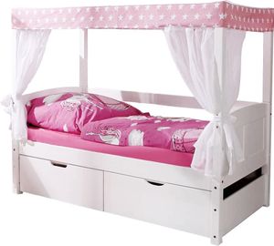 TiCAA Himmelbett Mini mit Bettkasten "Stern Rosa" Kiefer Weiß