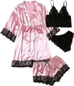 Damen Nachtwäsche 4 teiliges Pyjama Set mit Blumenmuster Spitzenbesatz Satin Cami Pyjama-Set mit Robe - LUXESET
