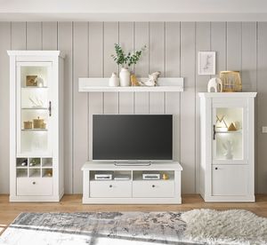 Wohnwand in Pinie weiß mit LED-Beleuchtung, 4-teilig, Landhaus-Stil - RAPLA-61