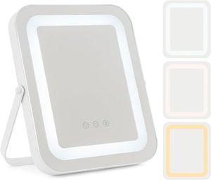 Schminkspiegel mit 3-farbige LED-Lichter, Kosmetikspiegel stufenlos dimmbarer & 360° drehbar, wiederaufladbarer Reisespiegel mit Touchscreen (weiß)