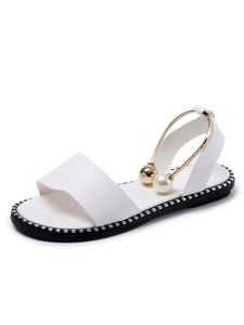 Damen Sommermode Ein-Wort-Schnalle Sandalen Perlendekoration Offene Zehenschuhe,Farbe:Weiß,Größe:39