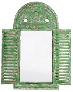 2 Stück Esschert Design Wandspiegel, Garderobenspiegel im Louvre Stil, verwittertes grün mit Fensterläden, ca. 39 cm x 55 cm