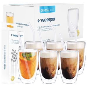 6X Wessper Crystalatte sklenice na kávu/čaj/nápoje 450 ml + 8X Wessper skleněná brčka | Dvouplášťové termo sklenice | Rovná a zahnutá brčka | Sada sklenic Boroche