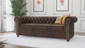 S-STYLE MÖBEL -Vibe- Chesterfield 3 sitzer Sofa mit Schlaffunktion aus Dunkelbraun Vintage Optik Microfaser mit Holzfüßen, B/T/H: 203 cm/ 86 cm/ 72 cm