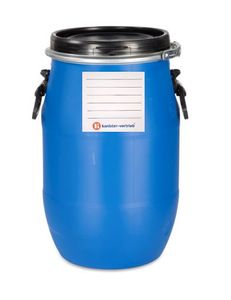 kanister-vertrieb® 30 Liter Deckelfass, Kunststofffass, Futtertonne, Fass, Plastikfass Farbe blau inkl. Etikett (30 D)