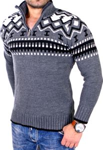 Reslad Herren Strickpullover Crewneck Zipper Norweger Pullover RS-3110 Anthrazit S