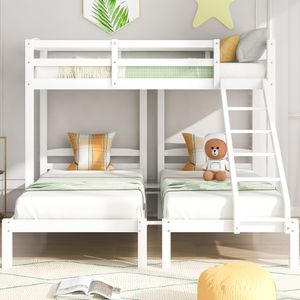 Flieks Patrová postel 90x200 cm Dětská postel s žebříkem a roštovým rámem, trojlůžko Postel pro 3 děti Postel z borovicového dřeva