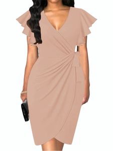 Damen Abendkleider V-Ausschnitt Plissee Bodycon Kleid Wickelkleid Minikleid Ballkleider Khaki,Größe XL