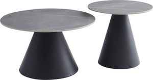 Couchtisch Beistelltisch 2er Set Dustin - Sintered Stone grau matt - Metall Kegelfuß Schwarz - Ø 70 & 50cm