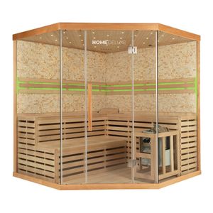 HOME DELUXE - Traditionelle Sauna - Skyline XL Big Kunststeinwand - 200 x 200 x 210 cm, für 2-6 Personen, Hemlocktanne, inkl. Saunazubehör I Dampfsauna Aufgusssauna Finnische Sauna Bio Sauna