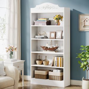 Tribesigns 180 cm gewölbtes Bücherregal, modernes Bücherregal mit 5 Regalen, freistehendes Bücherregal, breite Holzaufbewahrung für Schlafzimmer, Weiß Tribesigns 180 cm gewölbtes Bücherregal, modernes Bücherregal mit 5 Regalen, freistehendes Bücherregal, breite Holzaufbewahrung für Schlafzimmer, Weiß