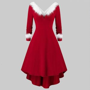 Damen Weihnachtskleid Weihnachtsmann Kostüm Winter Pelzkragen Kleid Plüsch Langarm Party Ballkleid Weihnachten