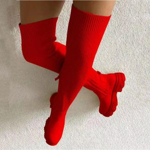 Damen Overknee-Stiefel, dicker Absatz, schmale Passform, Winter-Samt-Stretch-Stiefel, hohe Absätze, große Wildlederstiefel (Rot - Größe 42)