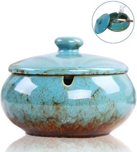 Chinesischer Wind-Aschenbecher Zigarre mit Deckel Retro für Draußen Keramik Bunt mit Deckel, sturmaschenbecher aus Keramik mit Deckel (Blau)