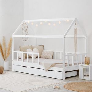 Homestyle4u 2522, dětská postel bílá 90x200cm domácí postel ochrana proti vypadnutí podlahové postele postel box roštový rám