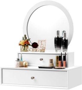 Spiegel mit 2 Schubladen, Wandschminktisch mit rundem Spiegel, Frisiertisch, Kosmetiktisch für Wohnzimmer, Schlafzimmer, Badezimmer usw, Wandmontage, 50,6 x 26 x 58,6 cm, Weiß