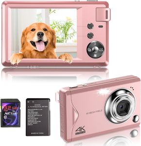 Fine Life Pro kompakte Digitalkamera, 4K HD 1080P 48MP Fotokamera mit 32 GB SD-Karte, 16-fachem Digitalzoom, elektronischer Bildstabilisator, Rosa