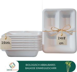 25 x Zuckerrohr (Bagasse) 3 geteilter Menü-Teller 24 cm x 18 cm x 3 cm tief