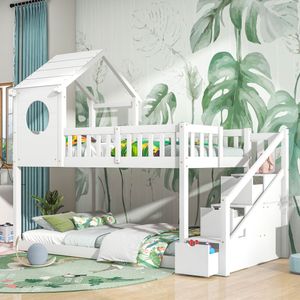 Flieks Etagenbett 90x200cm mit Treppe und Rausfallschutz, Hochbett mit Lattenrost und Schubladen, Kinderbett Hausbett für 2 Kinder