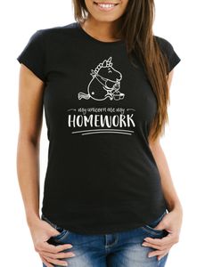 Damen T-Shirt Einhorn My Unicorn ate my Homework Sprüche Spruch Slim Fit Moonworks® schwarz XS