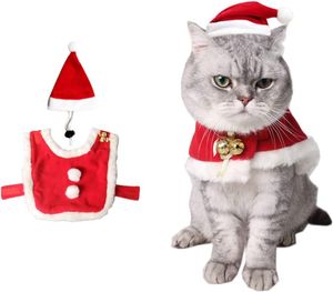 Katzen-Weihnachtskostüm, Haustier-Weihnachtsmann-Umhang mit Glocken, süße Weihnachtsmütze, süßes Hunde- und Kätzchen-Geschenkset (S)