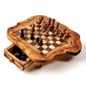 Schachbrett mit Schublade aus Olivenholz, incl. Figuren 45cmx45cm