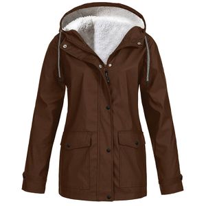 Plus Size Damen Fleece Wasserdichter Regenmantel Outdoor Winddichte Jacke Mantel,Farbe: Braun,Größe:L