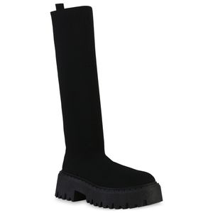 VAN HILL Damen Plateaustiefel Stiefel Blockabsatz Strick Profil-Sohle Schuh 839550, Farbe: Schwarz, Größe: 39