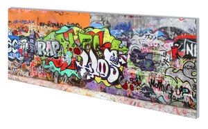 Wallario Flurgarderobe Wandgarderobe aus Glas, mit 5 Haken, Größe 80 x 30 cm, Motiv RAP-Graffiti- Wand mit verschiedenen Tags