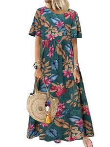 Damen Kurzarm Floral Maxi Kleid Lose Vintage Urlaub Strandkleider,Farbe: Grün,Größe:XL
