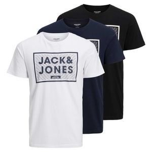 JACK&JONES Herren T-Shirt, 3er Pack - JJHARRISON TEE CREW NECK, Box-Logo, Baumwolle Weiß/Marineblau/Schwarz S
