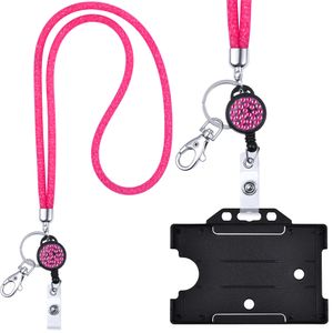 Kristall Lanyard PINK mit Ausweis Jojo + ID Kartenhalter schwarz Halskette Schlüsselband mit glitzernden Strasssteinchen Umhängeband