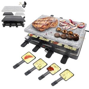 NAIZY Raclette Grill Grillplatte Tischgrill , Steinplatte und Grillplatte Antihaftbeschichtung Elektrogrill mit 8 Pfannen und Holzspatel