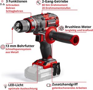 Einhell TP-CD 18/80 Li-i BL 28800 U/min schlüssellos, 1,44 kg, schwarz, rot, Akku-Bohrschrauber, bürstenloser Motor, hohe Drehzahl, kompakt und effizient
