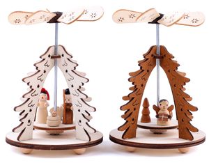 BRUBAKER 2er Set Weihnachtspyramide 1-stöckig Tannenbaum - 2 Motive: Engel und Christi Geburt - Holz Tischpyramiden je 8 x 11,5 cm