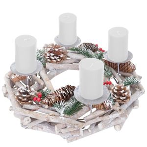 Adventskranz rund, Weihnachtsdeko Tischkranz, Holz Ø 35cm weiß-grau  mit Kerzen, weiß