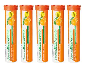 German Multivitamin Brausetabletten 5x20 Stk. Orangengeschmack - Vitamin C, E, B1, B2, B6, B12, Biotin, Folsäure, Niacin, Pantothensäure Zuckerfrei – T&D Pharma –  Germany