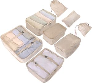 Travelfreund® 8er Set Koffer Organizer beige - mit Kosmetiktasche - Packtaschen - Packing Cubes - Reiseorganizer & Kleidertaschen für Reisen
