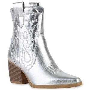 VAN HILL Damen Stiefeletten Cowboy Boots Trichterabsatz Stickereien Schuhe 837779, Farbe: Silber, Größe: 40