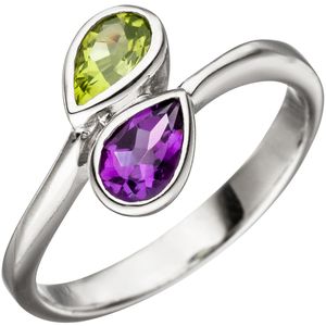 JOBO Damen Ring 50mm 925 Sterling Silber 1 Amethyst lila violett 1 Peridot grün Silberring