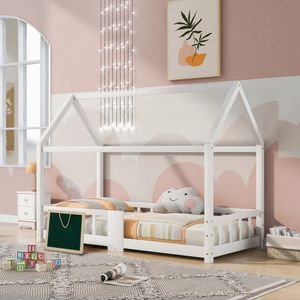 Dětská postel Merax 90x200 cm s ochranou proti vypadnutí a roštovým rámem, postel v domě s deskou a stříškou, postel z borovicového dřeva, jednolůžko, postel pro mládež, bílá