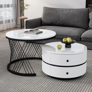 MODFU Couchtisch Wohnzimmertisch 2er Set für Wohnzimmer, Schlafzimmer Balkon, Beistelltisch Satztisch rund mit 2 Schubladen, Schwarz